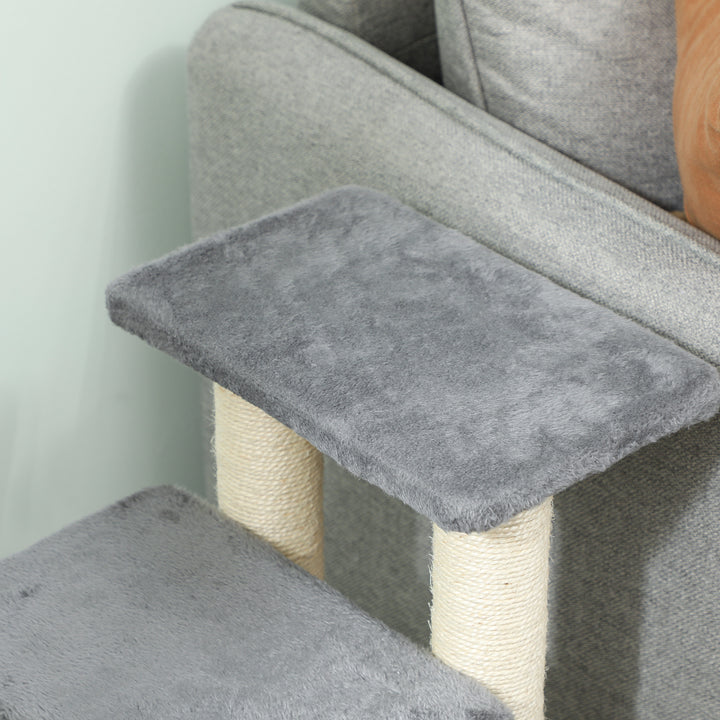 Escada para Animais Ajustável de 3 ou 4 Degraus Escada para Gatos com Postes Arranhadores Bola Suspensa para Cama Sofá Peitoris 70x32x68 cm Cinzento
