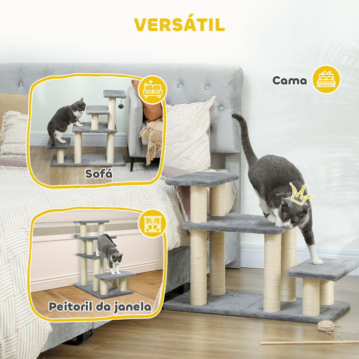 Escada para Animais Ajustável de 3 ou 4 Degraus Escada para Gatos com Postes Arranhadores Bola Suspensa para Cama Sofá Peitoris 70x32x68 cm Cinzento