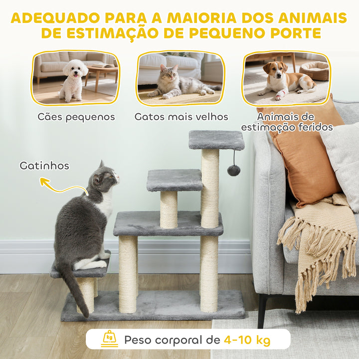 Escada para Animais Ajustável de 3 ou 4 Degraus Escada para Gatos com Postes Arranhadores Bola Suspensa para Cama Sofá Peitoris 70x32x68 cm Cinzento