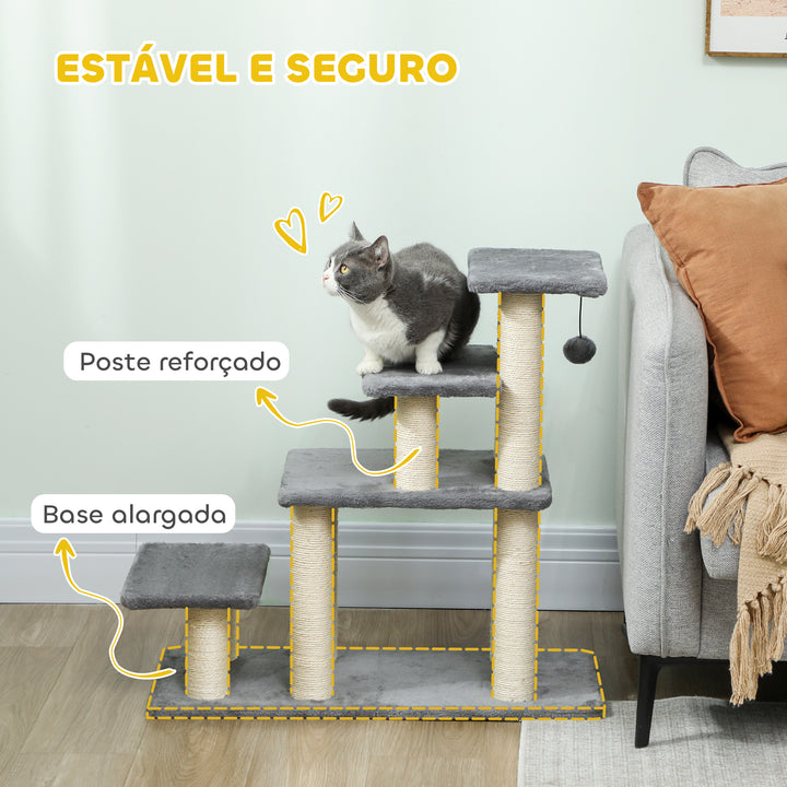Escada para Animais Ajustável de 3 ou 4 Degraus Escada para Gatos com Postes Arranhadores Bola Suspensa para Cama Sofá Peitoris 70x32x68 cm Cinzento