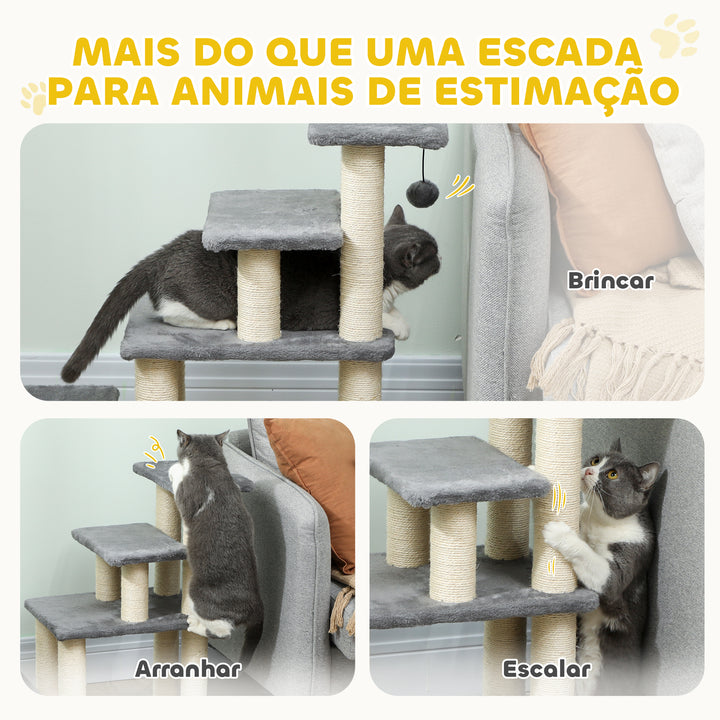 Escada para Animais Ajustável de 3 ou 4 Degraus Escada para Gatos com Postes Arranhadores Bola Suspensa para Cama Sofá Peitoris 70x32x68 cm Cinzento