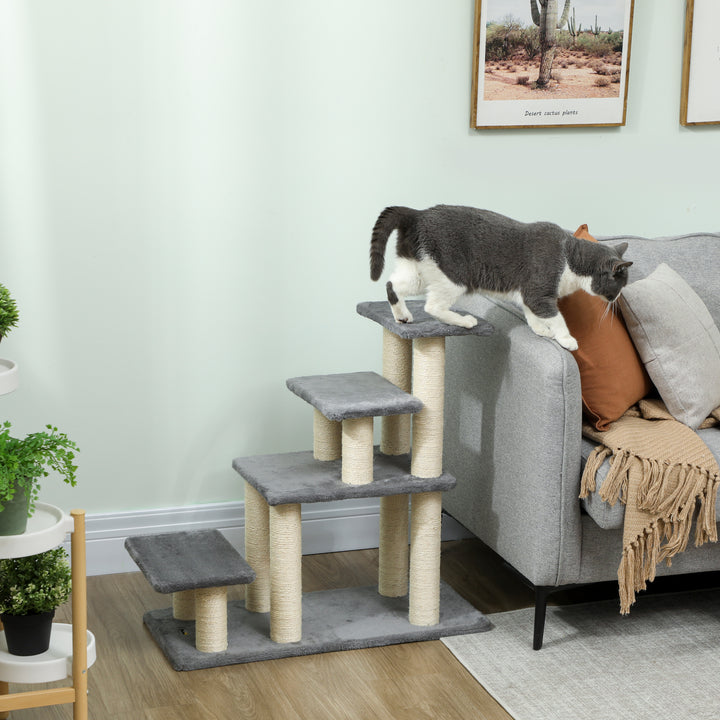 Escada para Animais Ajustável de 3 ou 4 Degraus Escada para Gatos com Postes Arranhadores Bola Suspensa para Cama Sofá Peitoris 70x32x68 cm Cinzento