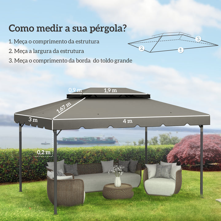 Toldo de Substituição para Pérgola 400x300 cm Teto de Substituição para Pérgolas Exterior com Duplo Teto e 8 Orifícios de Drenagem Cinza Claro