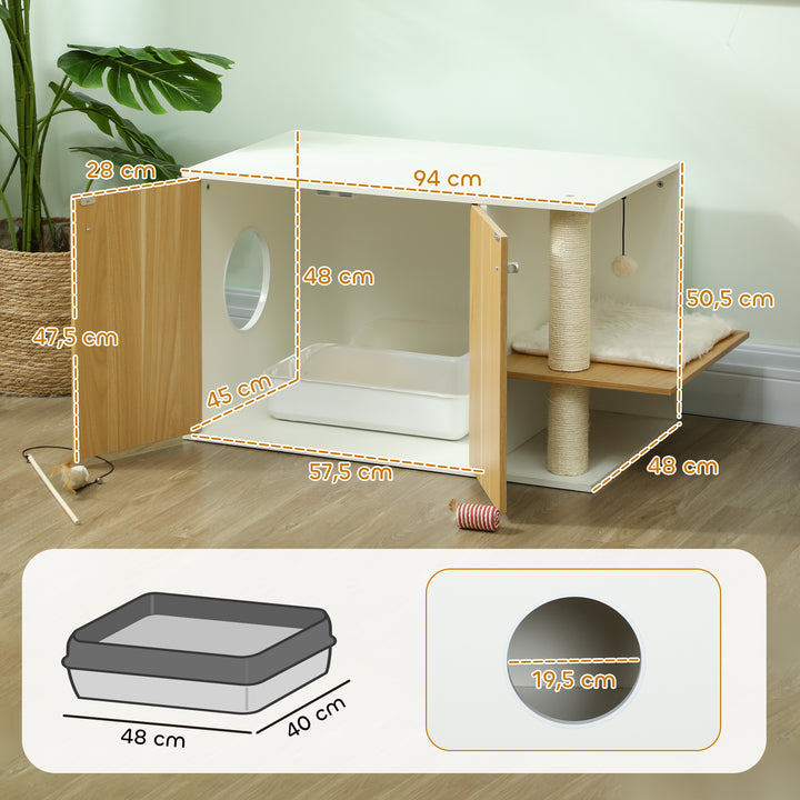 Móvel Caixa de Areia para Gatos 3 em 1 Mesa Auxiliar Caixa de Areia para Gatos com Portas Poste para Arranhar e Centro de Jogos para Sala de Estar Quarto 94x48x50,5 cm Carvalho e Branco