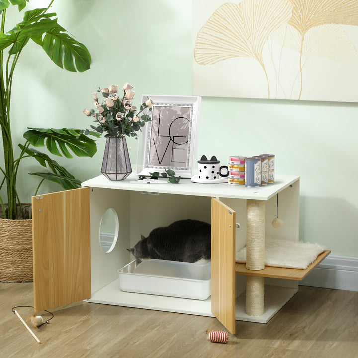 Móvel Caixa de Areia para Gatos 3 em 1 Mesa Auxiliar Caixa de Areia para Gatos com Portas Poste para Arranhar e Centro de Jogos para Sala de Estar Quarto 94x48x50,5 cm Carvalho e Branco