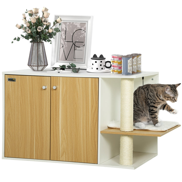 Móvel Caixa de Areia para Gatos 3 em 1 Mesa Auxiliar Caixa de Areia para Gatos com Portas Poste para Arranhar e Centro de Jogos para Sala de Estar Quarto 94x48x50,5 cm Carvalho e Branco
