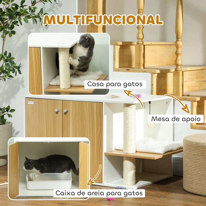 Móvel Caixa de Areia para Gatos 3 em 1 Mesa Auxiliar Caixa de Areia para Gatos com Portas Poste para Arranhar e Centro de Jogos para Sala de Estar Quarto 94x48x50,5 cm Carvalho e Branco