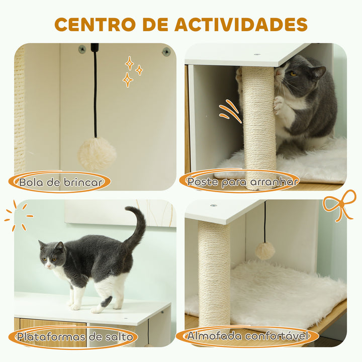 Móvel Caixa de Areia para Gatos 3 em 1 Mesa Auxiliar Caixa de Areia para Gatos com Portas Poste para Arranhar e Centro de Jogos para Sala de Estar Quarto 94x48x50,5 cm Carvalho e Branco