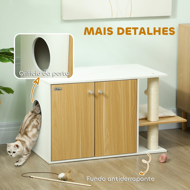 Móvel Caixa de Areia para Gatos 3 em 1 Mesa Auxiliar Caixa de Areia para Gatos com Portas Poste para Arranhar e Centro de Jogos para Sala de Estar Quarto 94x48x50,5 cm Carvalho e Branco
