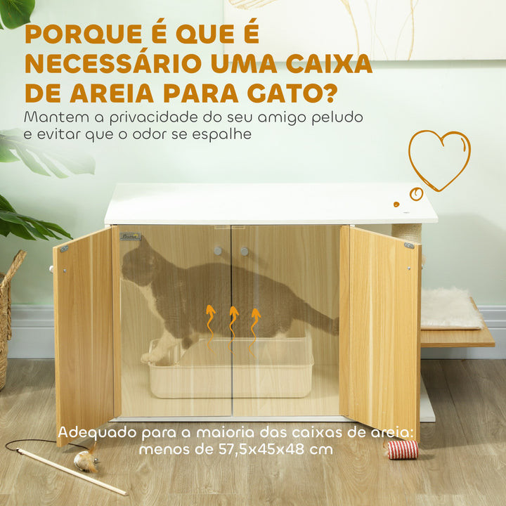 Móvel Caixa de Areia para Gatos 3 em 1 Mesa Auxiliar Caixa de Areia para Gatos com Portas Poste para Arranhar e Centro de Jogos para Sala de Estar Quarto 94x48x50,5 cm Carvalho e Branco
