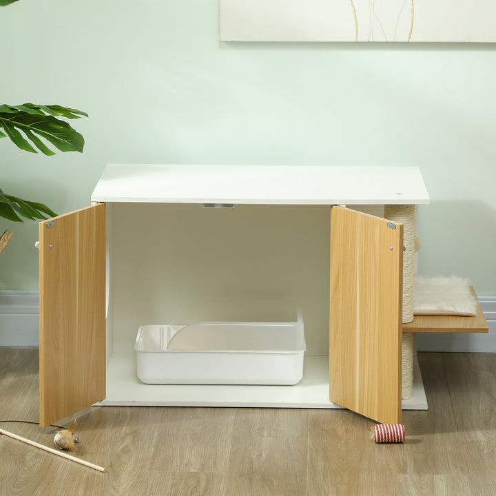 Móvel Caixa de Areia para Gatos 3 em 1 Mesa Auxiliar Caixa de Areia para Gatos com Portas Poste para Arranhar e Centro de Jogos para Sala de Estar Quarto 94x48x50,5 cm Carvalho e Branco