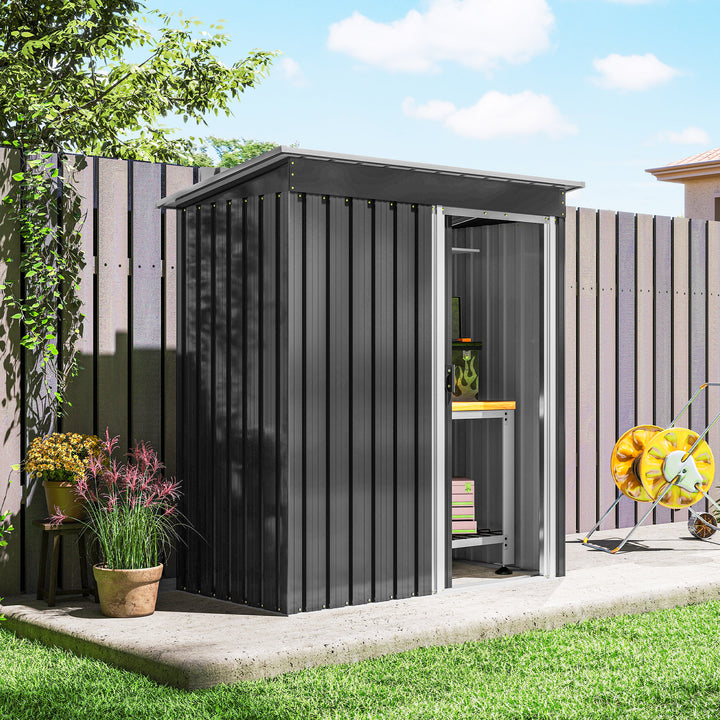 Abrigo de Jardim Exterior 1,5 m² 163x89x182 cm Abrigo Metálico para Ferramentas com Porta de Correr e Teto Inclinado para Pátio Preto
