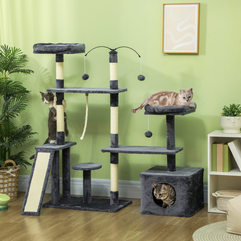 Arranhador para Gatos 134 cm Torre de Arranhar para Gatos com Caverna Plataformas Bolas de Jogar e Postes de Sisal 124,5x40x134 cm Cinza Escuro