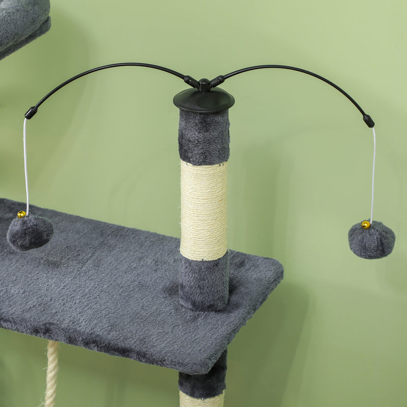 Arranhador para Gatos 134 cm Torre de Arranhar para Gatos com Caverna Plataformas Bolas de Jogar e Postes de Sisal 124,5x40x134 cm Cinza Escuro