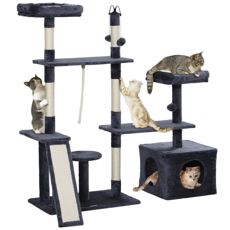 Arranhador para Gatos 134 cm Torre de Arranhar para Gatos com Caverna Plataformas Bolas de Jogar e Postes de Sisal 124,5x40x134 cm Cinza Escuro