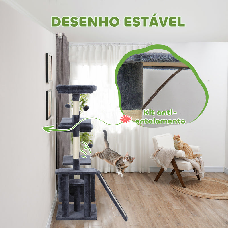 Arranhador para Gatos 134 cm Torre de Arranhar para Gatos com Caverna Plataformas Bolas de Jogar e Postes de Sisal 124,5x40x134 cm Cinza Escuro