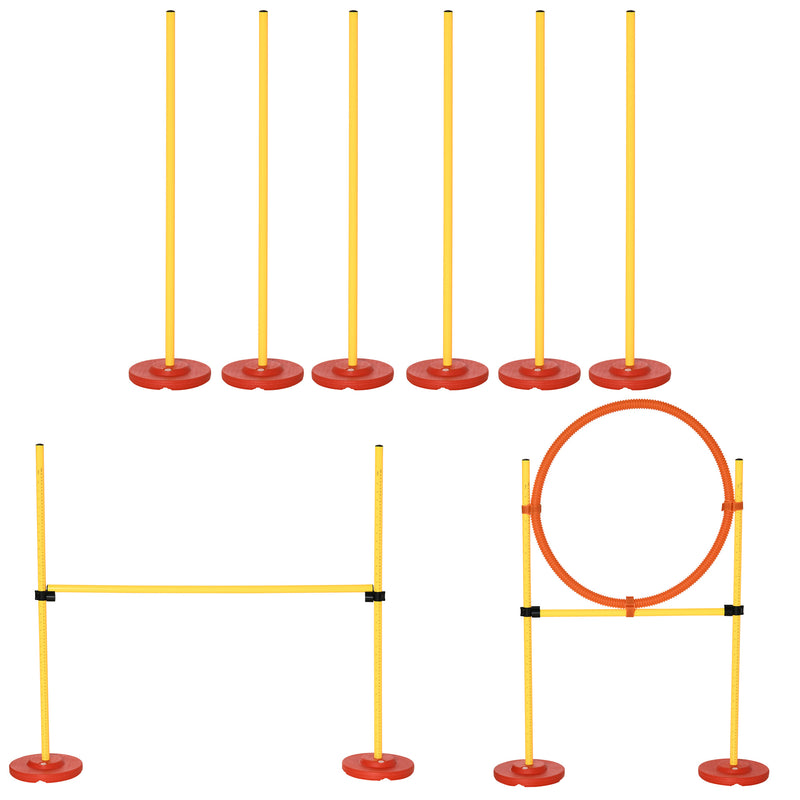 Conjunto de Treino de Agilidade para Cães de 3 Peças Kit Agility com Obstáculos de Salto Aro Poste com Altura Ajustável e Bolsa de Transporte Amarelo