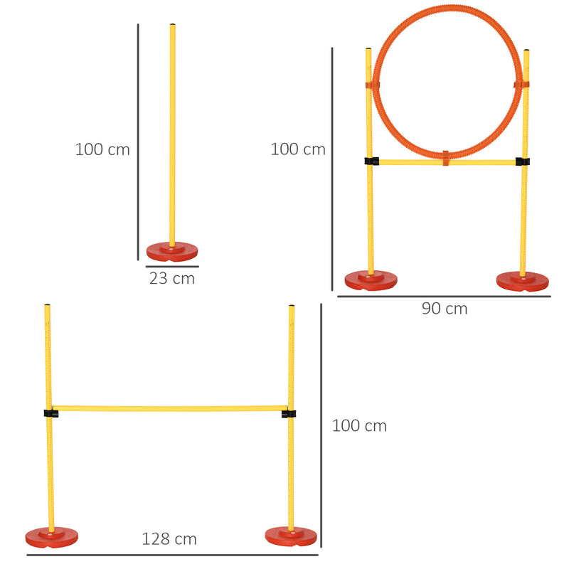 Conjunto de Treino de Agilidade para Cães de 3 Peças Kit Agility com Obstáculos de Salto Aro Poste com Altura Ajustável e Bolsa de Transporte Amarelo