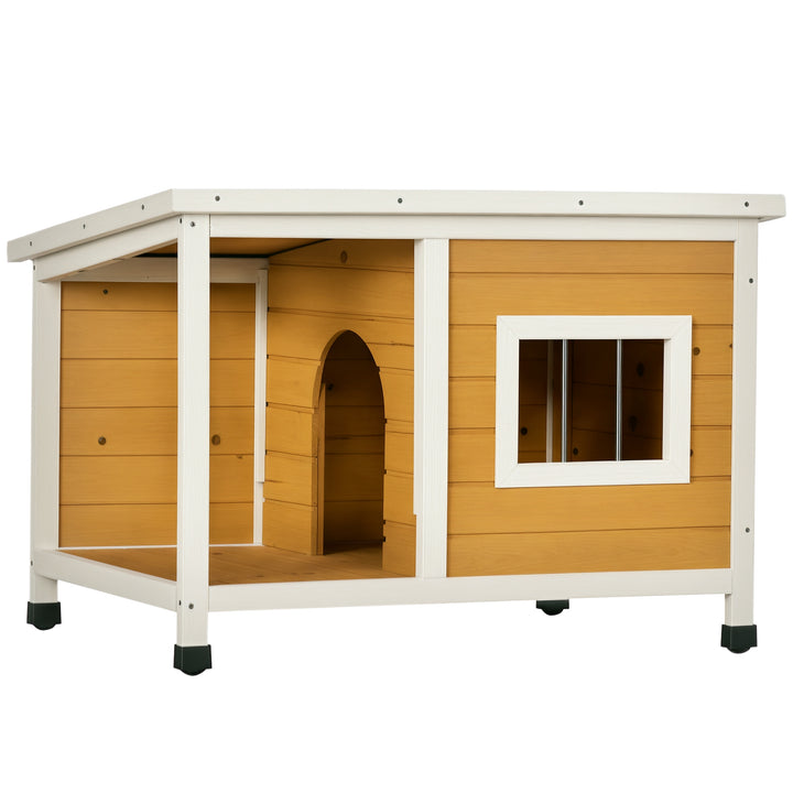Casa para Cães de Madeira 85,5x62x60cm Casa para Animais de Estimação Casa para Cães com Teto Asfáltico Impermeável e Janela para Interior e Exterior Madeira