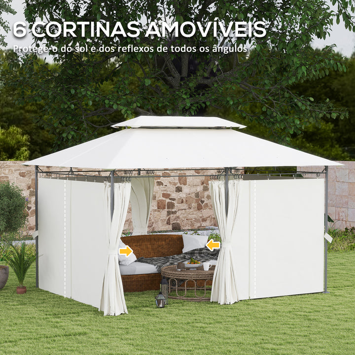 Pérgola de Jardim 397x297x265 cm Pérgola de Exterior com Teto Duplo Paredes Laterais Resistente a Água Pérgola para Pátio Creme