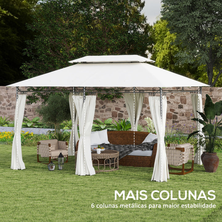 Pérgola de Jardim 397x297x265 cm Pérgola de Exterior com Teto Duplo Paredes Laterais Resistente a Água Pérgola para Pátio Creme