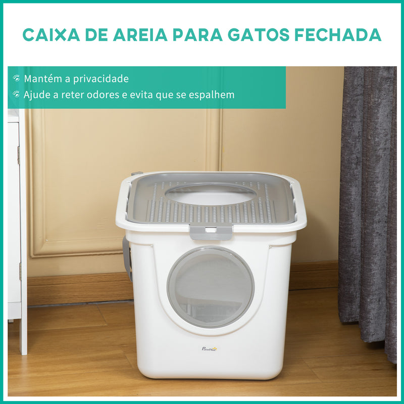 Caixa de Areia para Gatos com Pá Sanita para Animais de Estimação com 2 Portas Entrada Principal e Saída Superior 44x55x39 cm Branco e Cinza