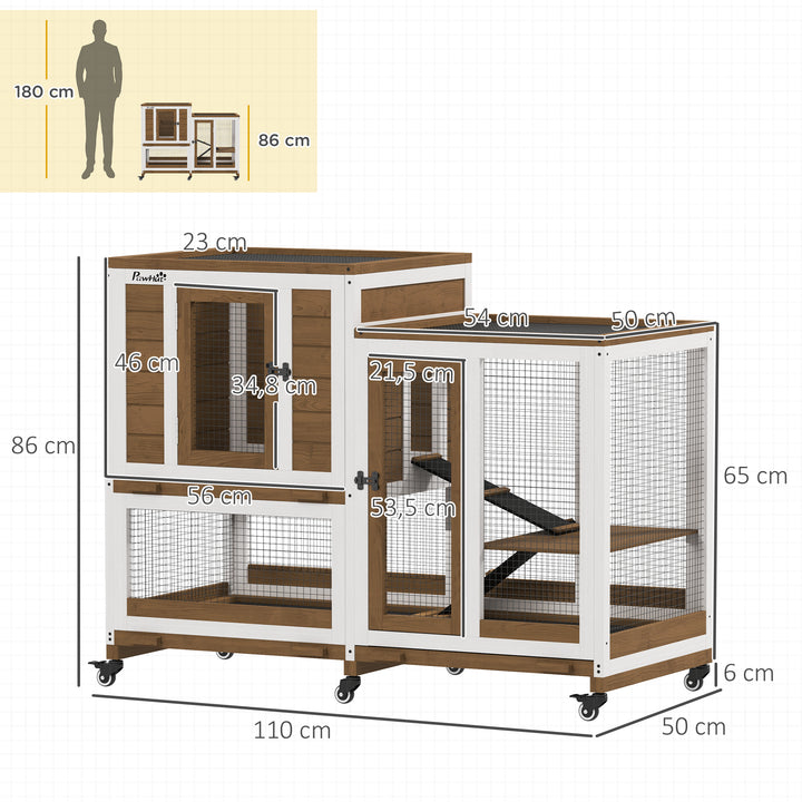 Coelheira de Madeira para Interior Gaiola para Coelhos e Animais Pequenos de 2 Níveis com 6 Rodas 2 Escadas 3 Bandejas Amovíveis e Área Aberta 110x50x86 cm Marrom