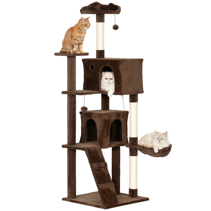 Arranhador para Gatos 180 cm Torre de Escalada com Múltiplas Plataformas Cama 2 Cavernas Rede Escada Postes de Sisal Bolas para Brincar Marrom