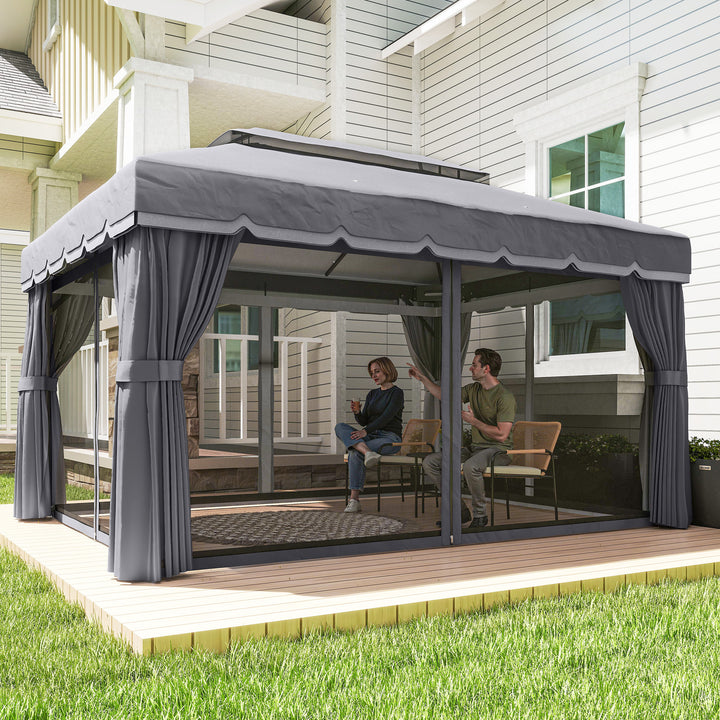 Pérgola de Jardim 390x290x270 cm Pérgola de Alumínio com Teto com Ventilação 4 Cortinas Laterais 4 Telas Mosquiteiras e 8 Orifícios de Drenagem para Festas Eventos Exterior Cinza
