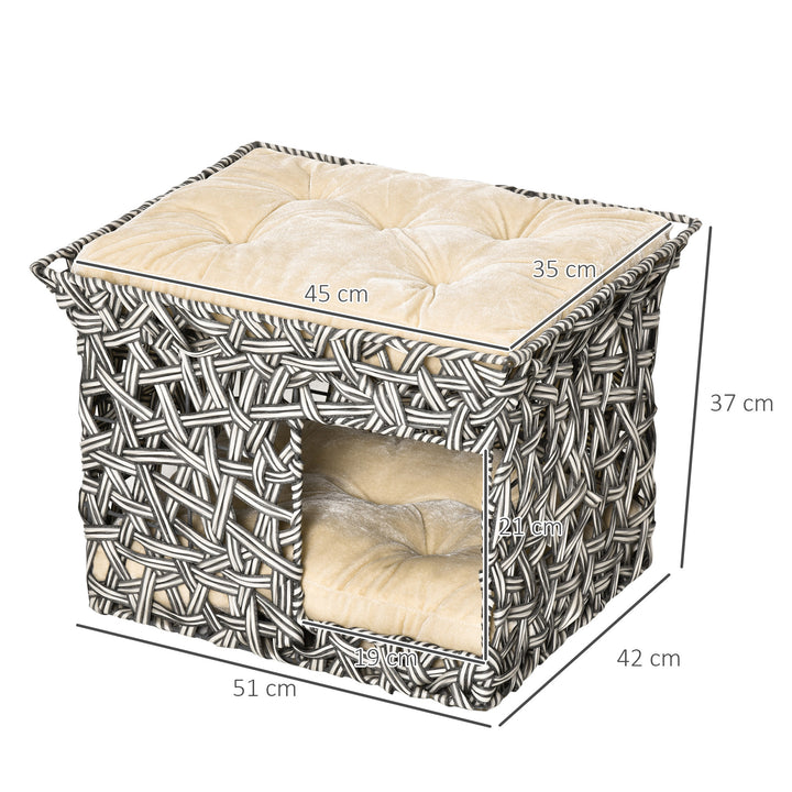 Cesta de Vime para Gatos de 2 Níveis Cama Caverna de Gatos com 2 Almofadas Suaves Estrutura de Metal 51x42x37cm Cinza e Bege