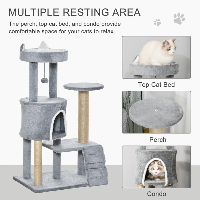 Arranhador para Gatos Médio Arranhador para Gatos de 5 Níveis Torre para Gatos com Plataforma Ninho Postes de Sisal Escada e Bola Suspensa 60x40x100 cm Cinza