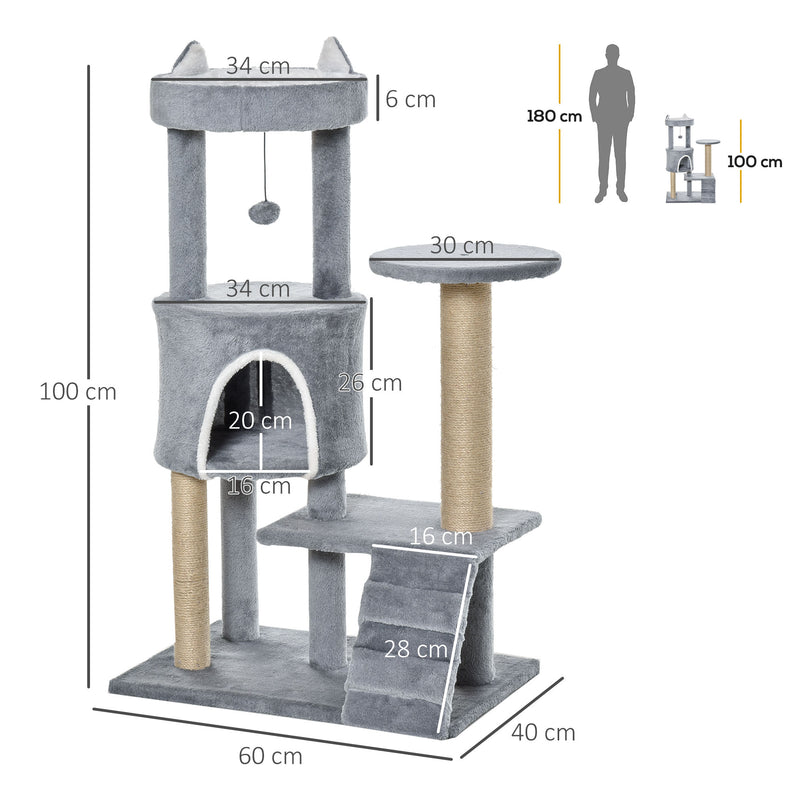 Arranhador para Gatos Médio Arranhador para Gatos de 5 Níveis Torre para Gatos com Plataforma Ninho Postes de Sisal Escada e Bola Suspensa 60x40x100 cm Cinza