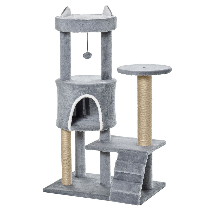 Arranhador para Gatos Médio Arranhador para Gatos de 5 Níveis Torre para Gatos com Plataforma Ninho Postes de Sisal Escada e Bola Suspensa 60x40x100 cm Cinza