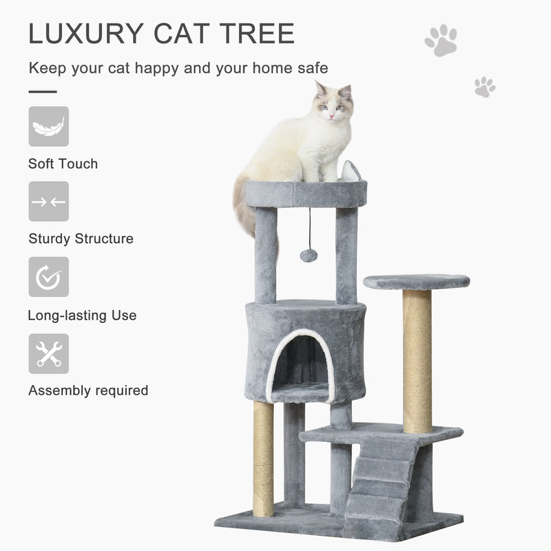 Arranhador para Gatos Médio Arranhador para Gatos de 5 Níveis Torre para Gatos com Plataforma Ninho Postes de Sisal Escada e Bola Suspensa 60x40x100 cm Cinza