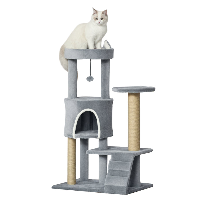 Arranhador para Gatos Médio Arranhador para Gatos de 5 Níveis Torre para Gatos com Plataforma Ninho Postes de Sisal Escada e Bola Suspensa 60x40x100 cm Cinza