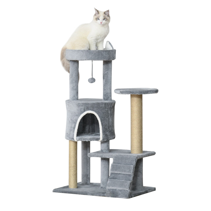 Arranhador para Gatos Médio Arranhador para Gatos de 5 Níveis Torre para Gatos com Plataforma Ninho Postes de Sisal Escada e Bola Suspensa 60x40x100 cm Cinza