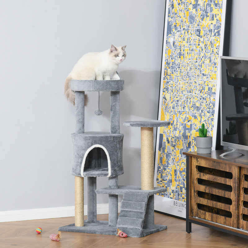 Arranhador para Gatos Médio Arranhador para Gatos de 5 Níveis Torre para Gatos com Plataforma Ninho Postes de Sisal Escada e Bola Suspensa 60x40x100 cm Cinza