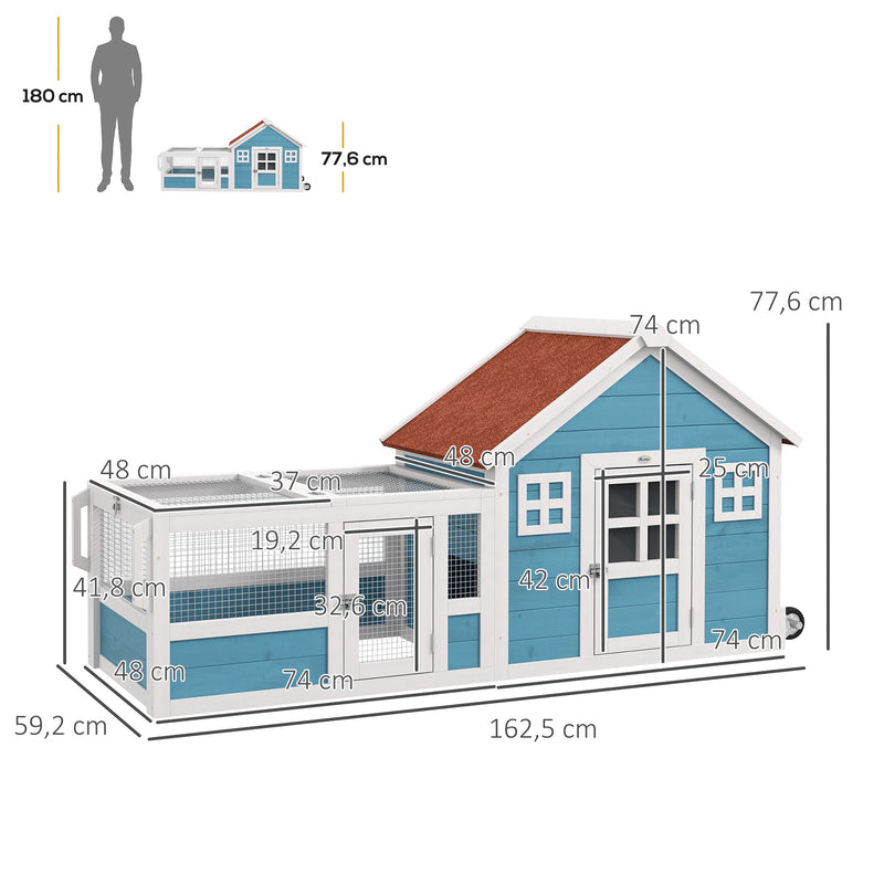 Coelheira Exterior de Madeira 162,5x59,2x77,6 cm Gaiola para Coelhos Grande com 2 Janelas de Decoração 2 Rodas 1 Porta 1 Rampa e Teto Asfáltico Azul