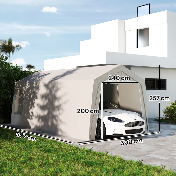 Abrigo de Jardim Exterior 300x597x257 cm Tenda de Armazenamento com Porta Enrolável para Motas Bicicletas e Ferramentas de Jardim Cinzento