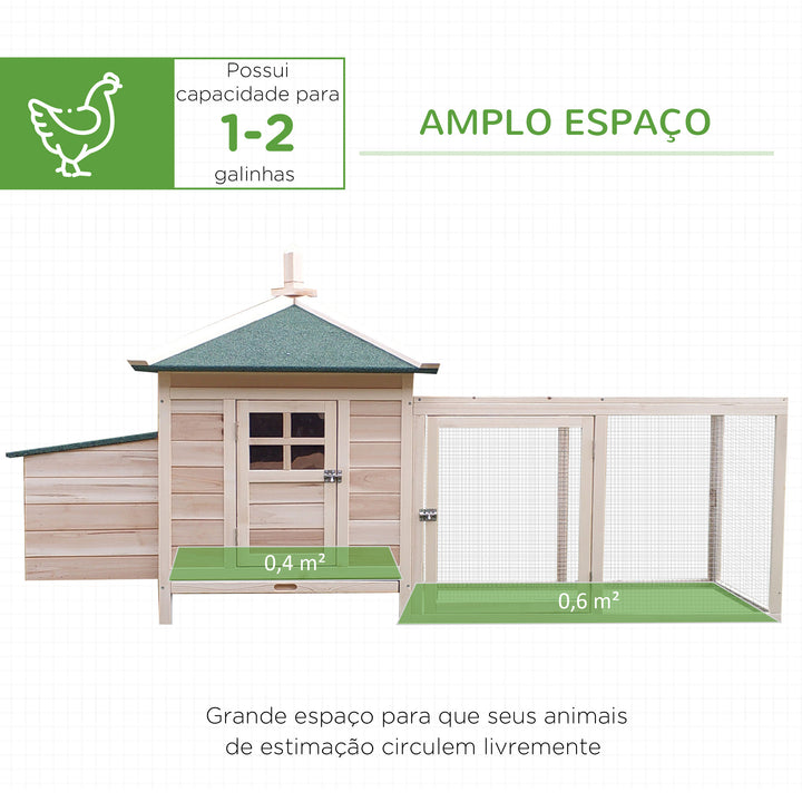Galinheiro de Madeira de Abeto para Galinhas Exterior com Caixa Ninho Bandeja Removível e Espaço para Correr 196x76x97 cm Natural