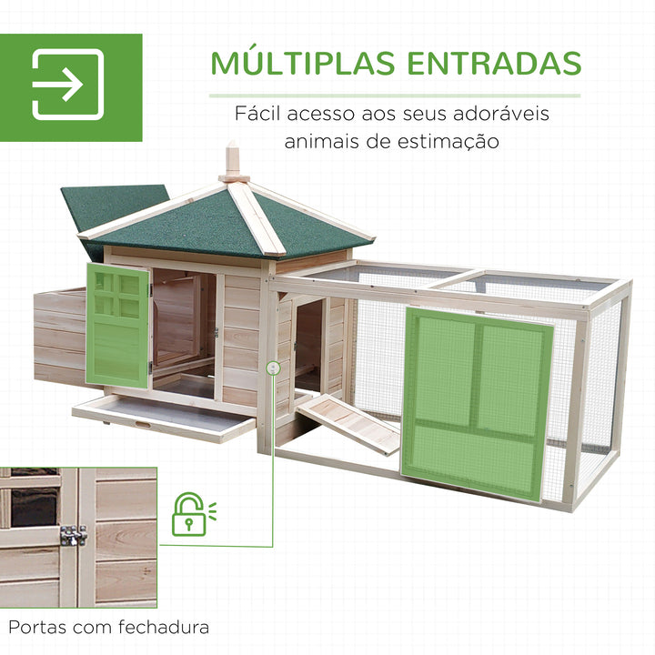 Galinheiro de Madeira de Abeto para Galinhas Exterior com Caixa Ninho Bandeja Removível e Espaço para Correr 196x76x97 cm Natural