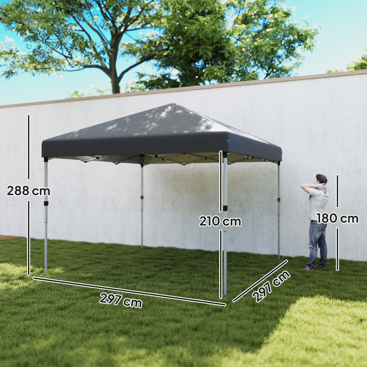 Tenda Dobrável Pop-up 297x297x288 cm Tenda para Eventos com 2 Paredes Laterais Anti-UV Altura Ajustável em 3 Níveis Sacos de Areia e Bolsa de Transporte com Rodas para Campismo Festas Cinzento Escuro