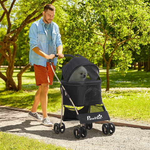 Carrinho para Animais de Estimação 3 em 1 Carrinho para Cães e Gatos Dobrável com Bolsa de Transporte Cesta de Armazenamento e Travão Tecido de Oxford 600D Carga Máxima 15kg 82x49,5x98cm Preto