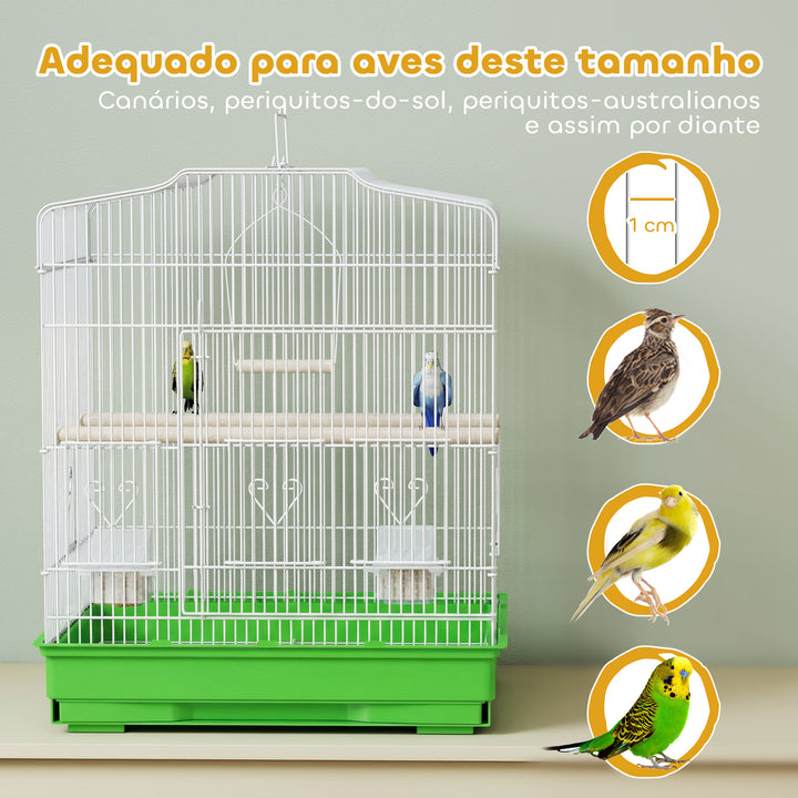 Gaiola para Pássaros, Gaiola de Aço com Portas 2 Alimentadores 2 Poleiros Baloiço Bandeja Removível e Pega de Transporte para Papagaio Canário Periquito 46,5x36x59 cm Verde
