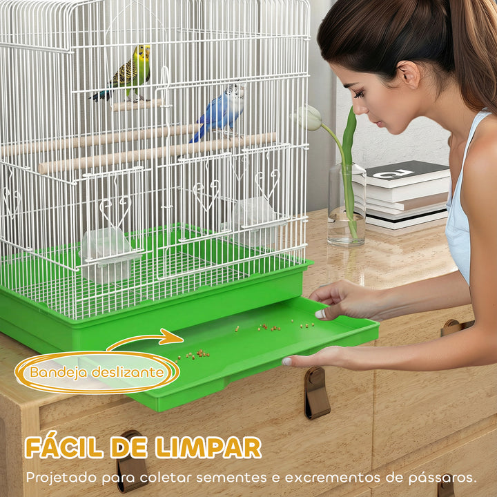 Gaiola para Pássaros, Gaiola de Aço com Portas 2 Alimentadores 2 Poleiros Baloiço Bandeja Removível e Pega de Transporte para Papagaio Canário Periquito 46,5x36x59 cm Verde