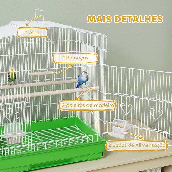 Gaiola para Pássaros, Gaiola de Aço com Portas 2 Alimentadores 2 Poleiros Baloiço Bandeja Removível e Pega de Transporte para Papagaio Canário Periquito 46,5x36x59 cm Verde