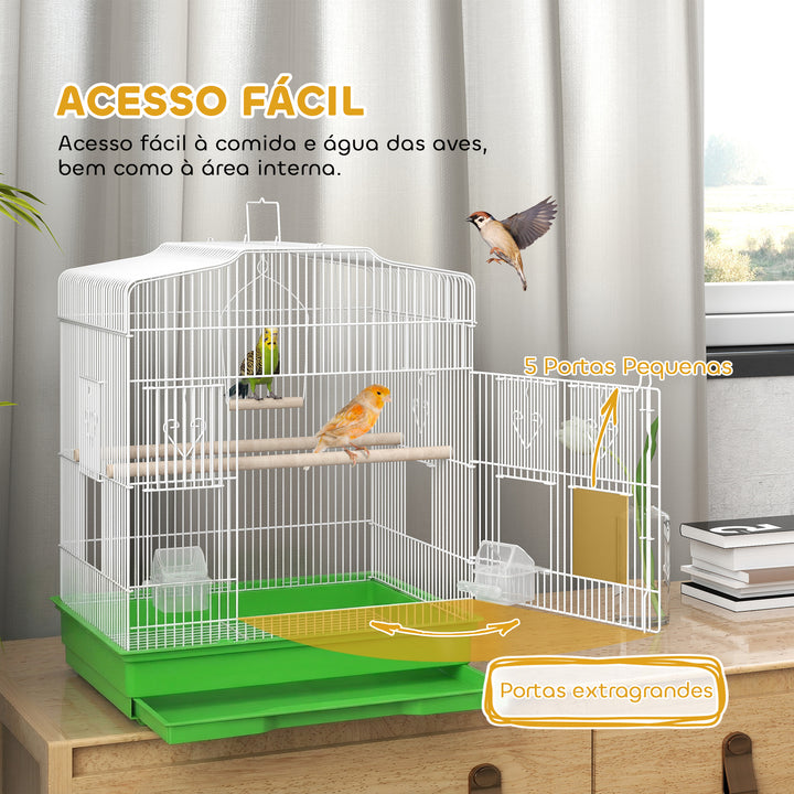Gaiola para Pássaros, Gaiola de Aço com Portas 2 Alimentadores 2 Poleiros Baloiço Bandeja Removível e Pega de Transporte para Papagaio Canário Periquito 46,5x36x59 cm Verde
