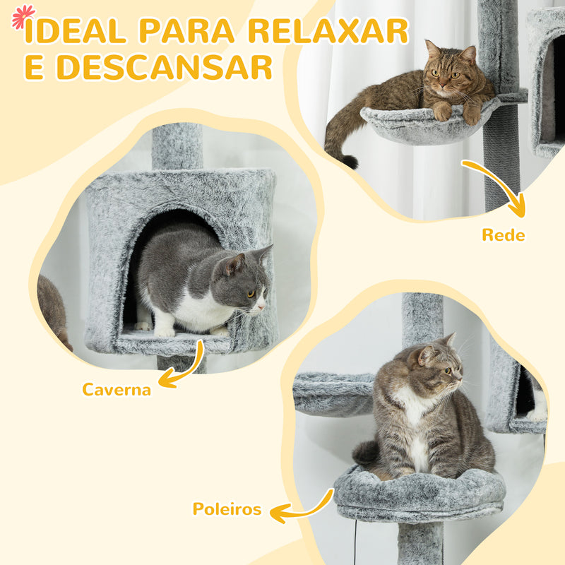 Arranhador para Gatos de Solo ao Teto de 225-255 cm Arranhador para Gatos com Altura Ajustável Plataformas Caverna Cama Rampa e Bolas de Brincar Cinza