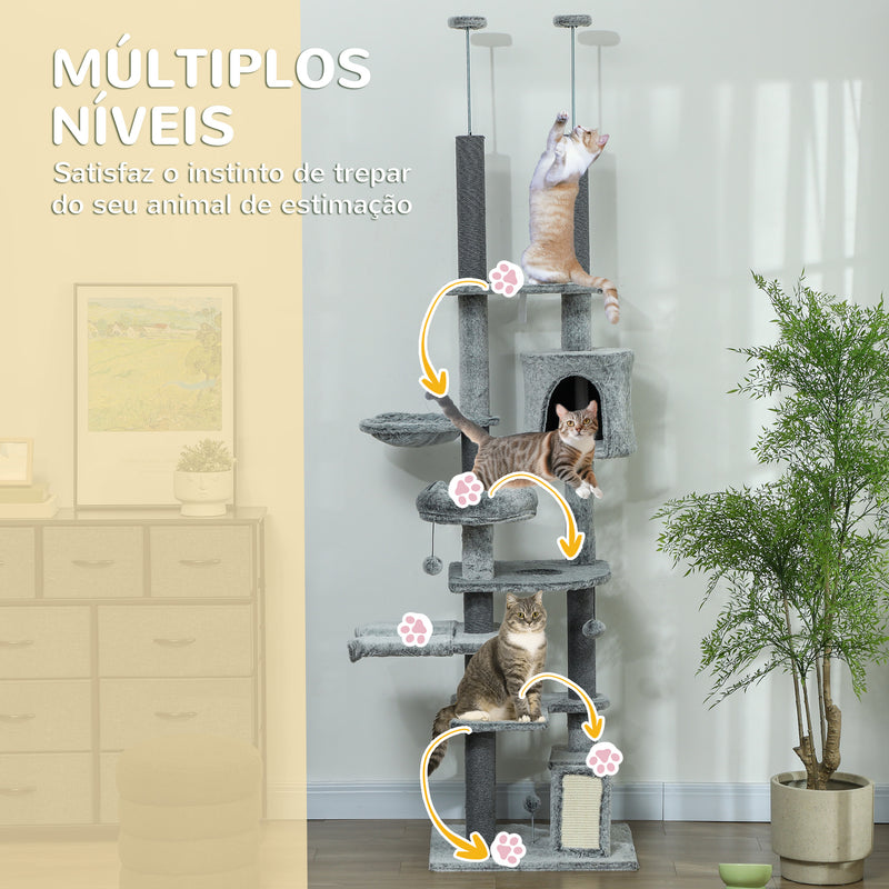 Arranhador para Gatos de Solo ao Teto de 225-255 cm Arranhador para Gatos com Altura Ajustável Plataformas Caverna Cama Rampa e Bolas de Brincar Cinza