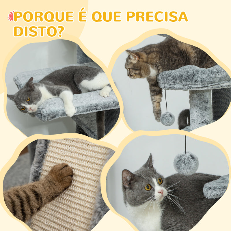 Arranhador para Gatos de Solo ao Teto de 225-255 cm Arranhador para Gatos com Altura Ajustável Plataformas Caverna Cama Rampa e Bolas de Brincar Cinza